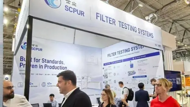 The SCPUR stand at FILTECH 2026 presented testing solutions from filter media to heavy duty air intake filtration.